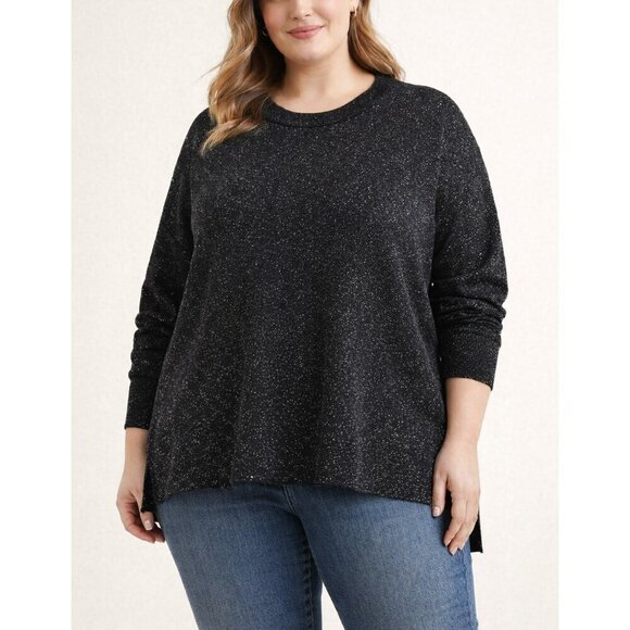 T Tahari Sweaters - T TAHARI Plus Size Glitter Metallic Black Knit Crewneck Sweater, Longer Back, 1X